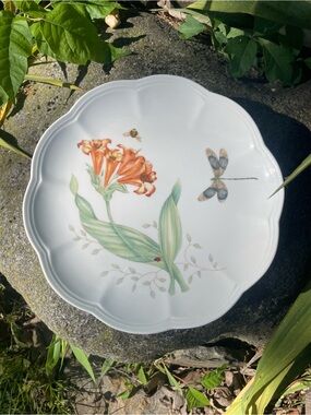 Lenox White Porcelain Plate with Orange Floral and Dragonfly Motif